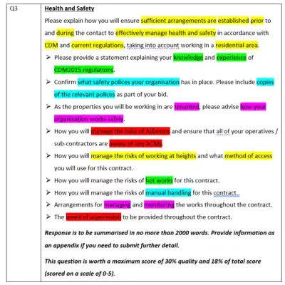 Tender criteria highlighted in different colours